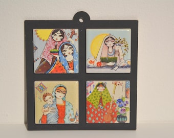 vintage small Persian themed tiles on wooden plaque