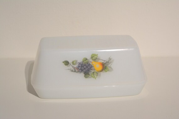 vintage Arcopal Fruits de France rectangular milkglass butter dish