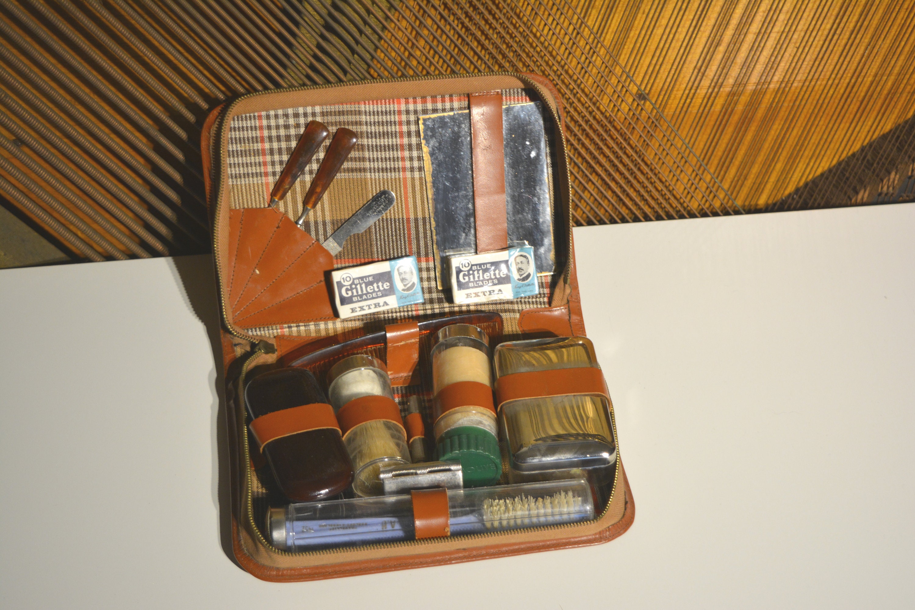 vintage 60's gentlemen’s shaving / grooming travel / army set in brown leather case with razor