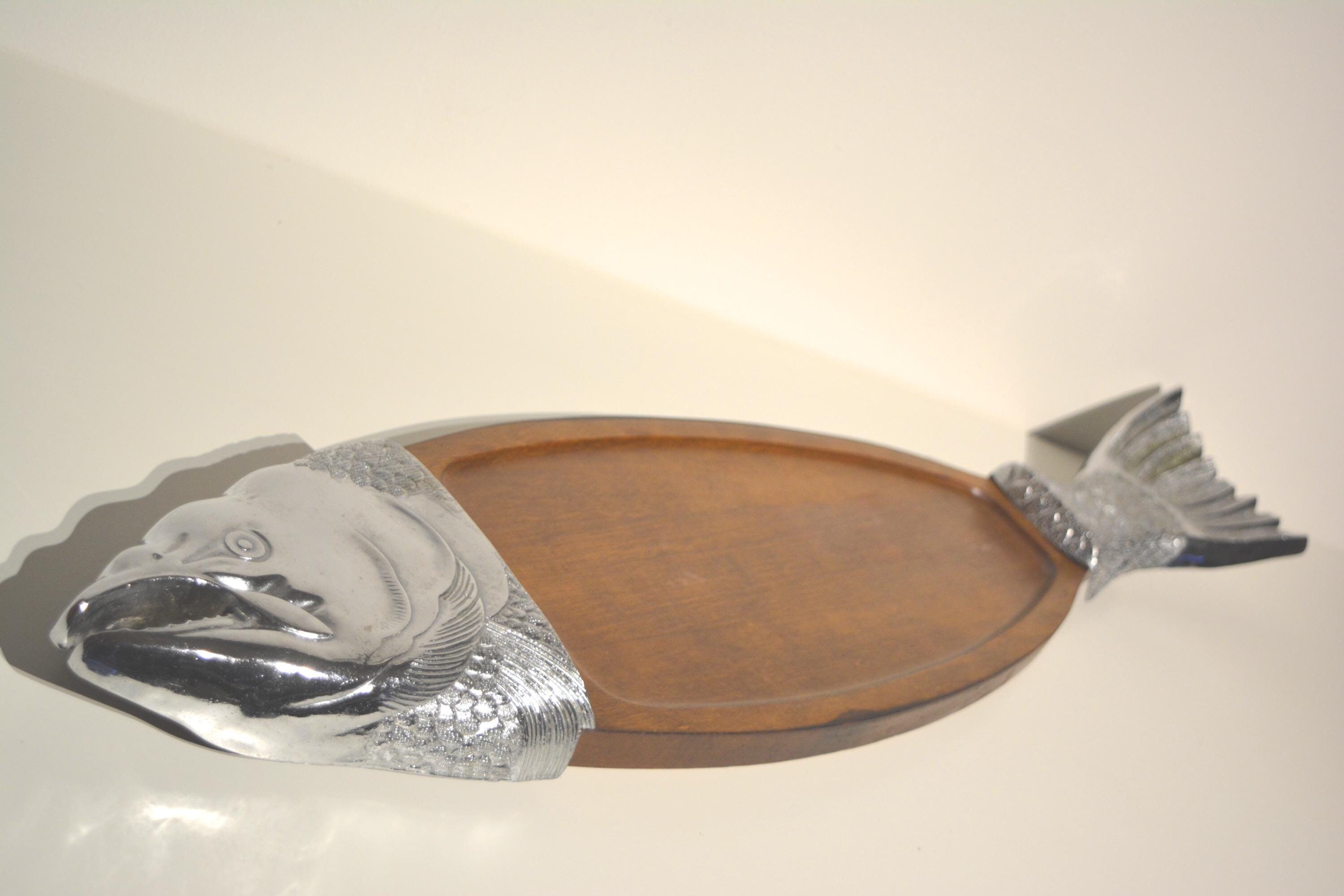 Plat De Service Poisson Vintage - Verre Et Métal Argenté - Forme Poisson