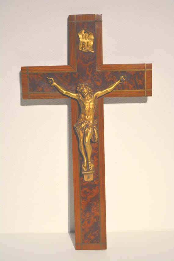 ヴィンテージの木製十字架像 金属製 十字架上のイエス・キリスト