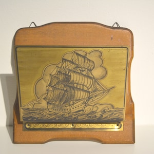 vintage wooden and brass letter holder / magazine rack / newspaper rack with sailboat