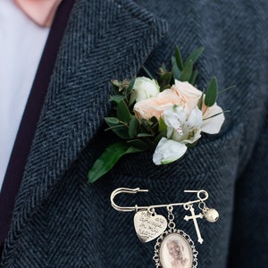 Photo Boutonniere Lapel Pin, Memorial Pin, Photo Bouquet charm, Wedding Memory Charm, Memorial Brooch, Religious, Gift for Groom, Cabochon