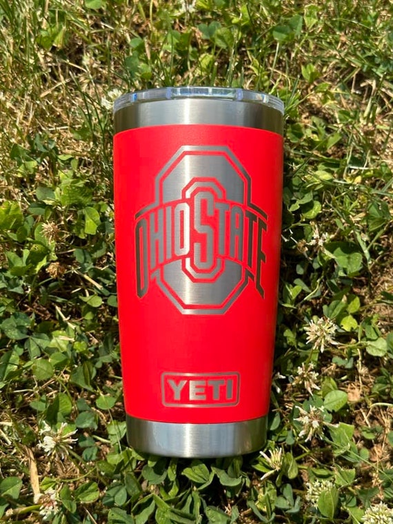 Powder coated and etched Ohio State Yeti Rambler.