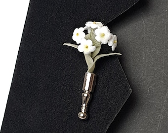 Poirot solapa pin Tussie mussie pin blanco boutonniere Tiny pin