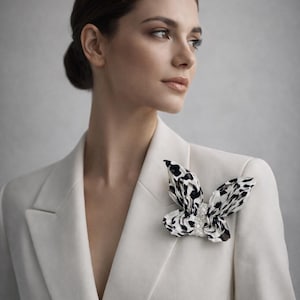Embellished Leopard Butterfly Brooch - Glass Bead Embroidery, White and Black