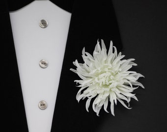 White boutonniere. Chrysanthemum pin.  Fabric lapel pin