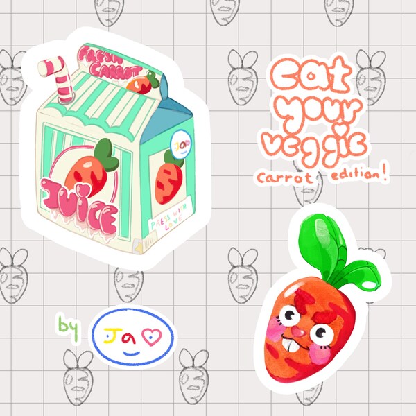eat your veggie sticker sheet radish carrot radis navet carotte juice box milk box fruit vegetable cute chibi button