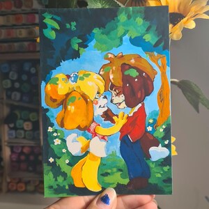 Print Digby & Isabelle – Carte Postale Animal Crossing – Illustration Originale Gouache – Fanart Digby Isabelle