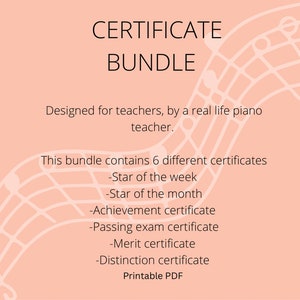 Music lesson Certificate bundle, Achievement Certificate,Music Lesson Motivation, Printable PDF, Certificate, Star of the month, Motivation