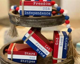 Hand Painted Patriotic Book Stacks | USA Tiered Tray Decor