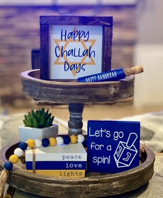 Hanukkah Tiered Tray Decor Set, Handmade Wooden Signs