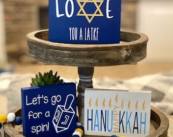 Hanukkah Decor-Hanukkah Signs-Happy Hanukkah-Hanukkah Decorations-Hanukkah Wood signs-Tiered Tray-Tier Tray