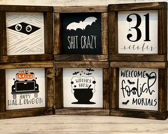 Handmade Halloween Wood Framed Signs, Tiered Tray Decor