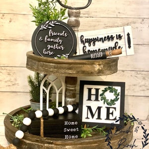 Black and white decor, Home tiered tray decor, farmhouse, tier tray, family decor, home decor, home gift, family, home signs, wood signs