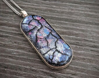 Rounded Rectangle Pendant Necklace with Foils and Veins in Resin