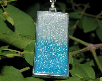 Blue and Silver Rectangle Resin Necklace with Holographic Accents