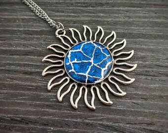 Blue Foil Sun Necklace with Silver Veins