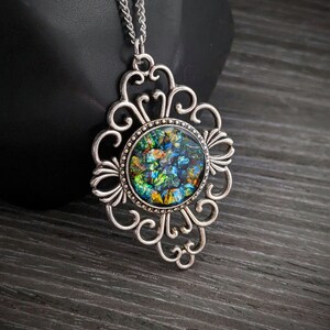 Filigree Pendant Necklace with Iridescent Flakes in Resin
