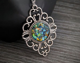 Filigree Pendant Necklace with Iridescent Flakes in Resin