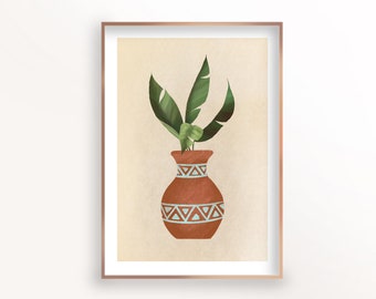 Banana Leaf Wall Art, Terracotta Potted Plant Art, Plant Illustration, Plant Printable, Tropical Leaf Art, Instant Download, Palm Leaf 8x10