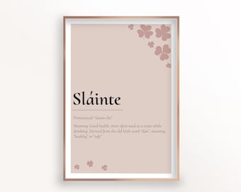 Slainte Print, Irish Saying, Definition Print, Pub Decor, Ireland Wall Art, Gaelic Cheers Printable, Shamrock, Slainte Meaning, 8x10 12x16