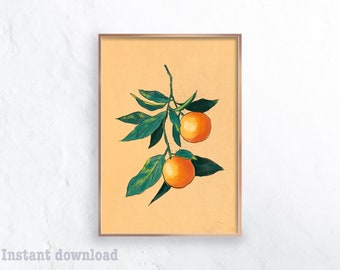 Oranges on a Branch, Citrus Fruit Wall Art, Kitchen Decor, Nature Inspired Food Illustration, Eclectic Decor, Print at Home