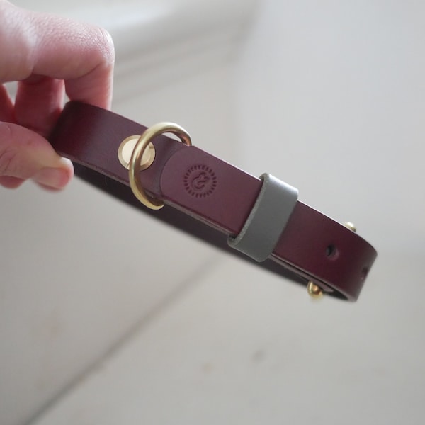Burgundy and Grey Dog Collar, Vegetable Tanned Leather with Solid Brass Fittings