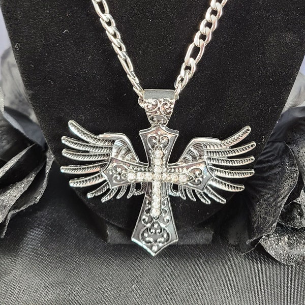 Angel Wings Cross Necklace - Silver with Black Inlays and Clear Quartz Crystal Gemstones - Biker, Punk, Gothic. Everyday Wear or Gift!!!