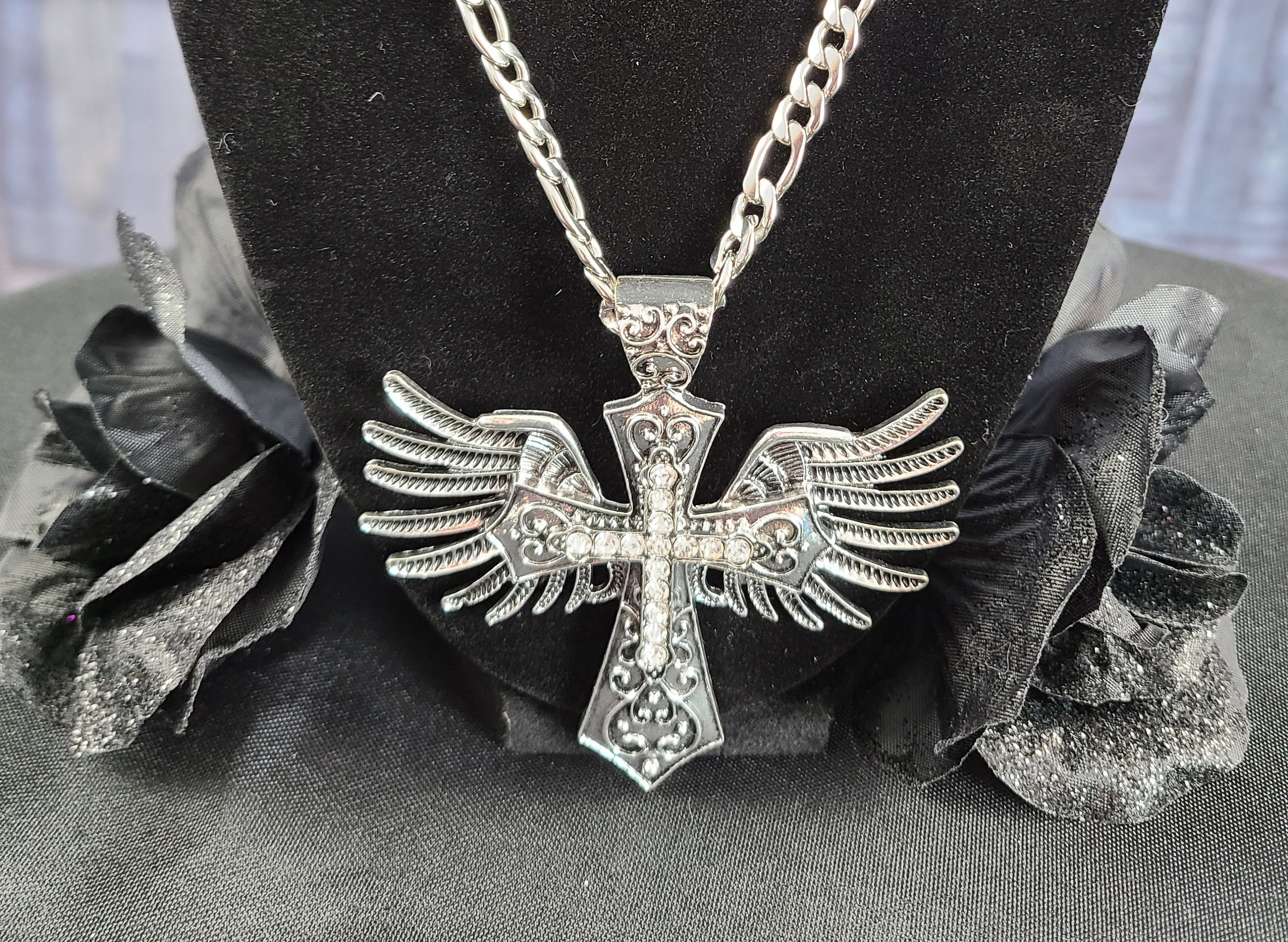 Silver Heart Angel Wing Pendant Black Tattoo Choker Necklace