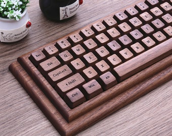 Engraved Non-Backlit Walnut Solid Wood & Resin Artisan Keycap Wasd Arrow Spacebar Keyset for All Cherry MX Switch Gaming Mechanical Keyboard