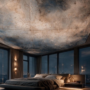 Celestial Star Map Mural, Antique Constellation Wallpaper, Vintage Night Sky Ceiling Mural, Dark Academia Zodiac Mural, Peel and Stick