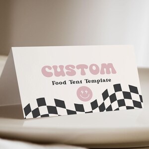 Tenda de comida para aniversário de One Happy Babe - Decoração de festa de aniversário retrô com rosto sorridente - Modelo de cartão de tenda para menina doce - Download instantâneo