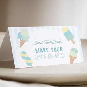 Ice Cream Birthday Food Tent - Summer Theme Party Decor - Here&#39;s the Scoop Cone Tent Card Template - Editable Instant Download