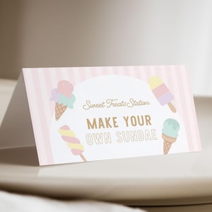 Ice Cream Birthday Food Tent - Summer Theme Party Decor - Here&#39;s the Scoop Cone Tent Card Template - Editable Instant Download
