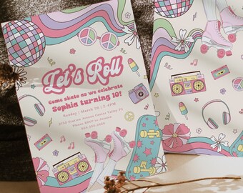 Retro Roller Skate Birthday Invitation: Groovy Let's Roll Party (Editable Instant Download)