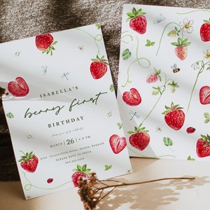 Invito alla festa di compleanno a tema fragole - Primo compleanno a tema bacche - Invito dolce a tema bacche modificabile - Tema celebrazione bacche - Download immediato