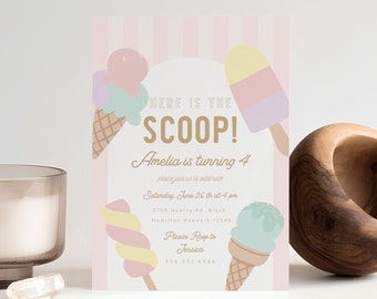 Ice Cream Birthday Invitation - Editable Summer Birthday Sweet Invite - Here's the Scoop Cone Printable Digital Template - Instant Download