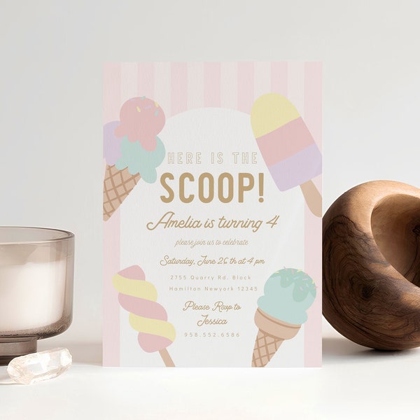 Ice Cream Birthday Invitation - Editable Summer Birthday Sweet Invite - Here's the Scoop Cone Printable Digital Template - Instant Download