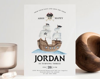 Pirate Birthday Party Invitation Template - Ahoy Matey - Editable Pirate Invite - Nautical Adventure Theme - Pirate Ship - Instant Download