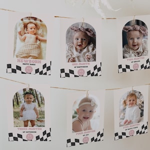 Bannière photo pour l'anniversaire d'une fille heureuse - Smiley rétro déco premier anniversaire - Carte jalon mensuel One Girl Happy - Téléchargement immédiat