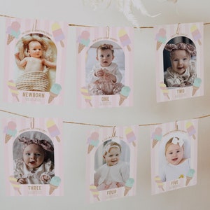 Ice Cream Birthday Photo Banner - Summer Party Decor - Here's the Scoop Cone Monthly Milestone Card - Instant Download