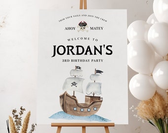 Pirate Birthday Welcome Sign - Ahoy Matey - Nautical Adventure Theme Party Decor - Editable Pirate - Pirate Ship - Editable Instant Download