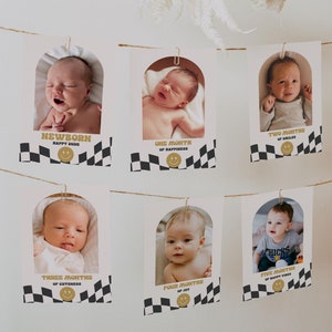 Banner de foto de aniversário de um cara feliz - Decoração de primeiro aniversário com rosto sorridente retrô - Cartão de marco mensal de um menino feliz - Download instantâneo