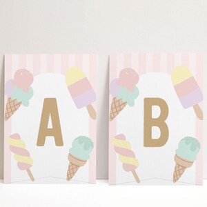 Ice Cream Birthday Flag Banner - Summer Party Decor - Here&#39;s the Scoop Cone Birthday Bunting - Editable Instant Download