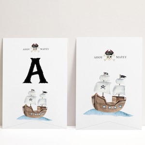 Plantilla de pancarta con diseño de piratas para cumpleaños - Ahoy Matey - Decoración de fiesta pirata editable - Tema de aventura náutica - Barco pirata - Descarga instantánea