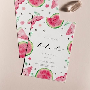 Watermelon Birthday Party Invitation - Summer Party Invite - Watermelon Slices - One in a Melon - Girl First Birthday - Instant Download