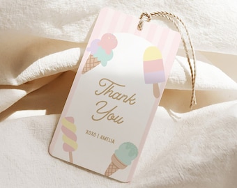 Ice Cream Birthday Favor Tags Template - Editable Summer Birthday Theme Gift Tags - Here&#39;s the Scoop Cone Party - Editable Instant Download