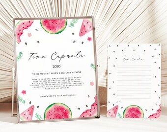 Watermelon Birthday Party Time Capsule - Summer Party Memory Box - Watermelon Slices Editable Template - One in a Melon - Instant Download