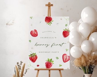 Strawberry Birthday Welcome Sign - Berry First Birthday Party Decor - Berry Sweet Party Sign - Berries Statboard - Editable Instant Download